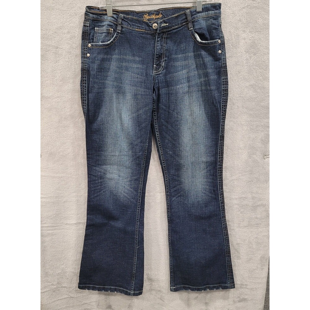 Southpole Womens 13 Flare Jeans Embroidered Pockets Mid Rise Denim Blue - Picture 6 of 14